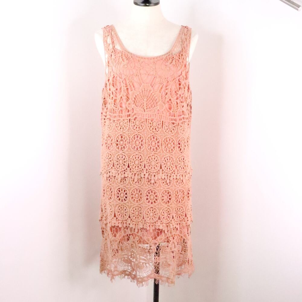 Pinky Women’s L Salmon Pink Crochet Macramé Boho Layered Sleeveless Summer Dress